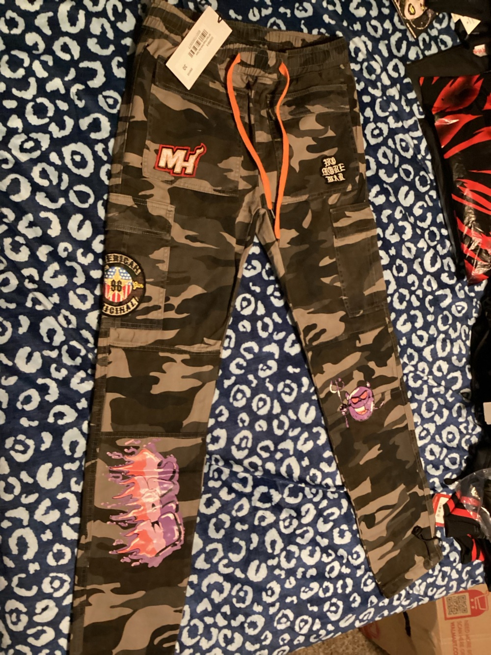 Men's Camo Cargo Pants with Orange Drawcord